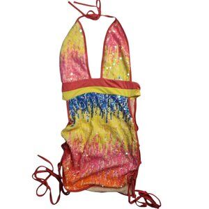 Women's Multicolor Halter Neck Sequin Dress Size Medium Cut Out Sides Drawstring